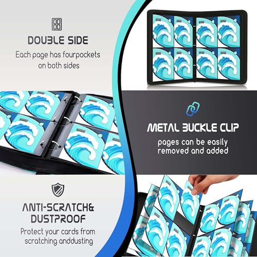 Trading Card Binder 4 Pocket,400 Pocket Card Collection Binder with 50 Removable Sleeves,PU Waterproof Top Card Book,3-Ring Zipper Collectible Trading Card Album for MTG/TCG/Card Holder Gift（Water） - color: Water, size: Small
