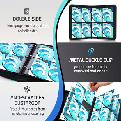 Trading Card Binder 4 Pocket,400 Pocket Card Collection Binder with 50 Removable Sleeves,PU Waterproof Top Card Book,3-Ring Zipper Collectible Trading Card Album for MTG/TCG/Card Holder Gift（Water） - color: Water, size: Small