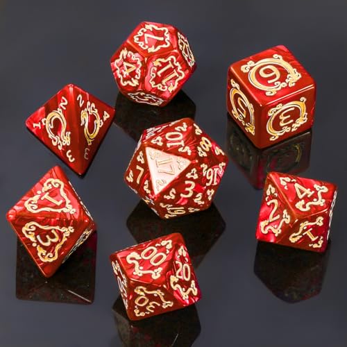 DND Dice Set - 7 Polyhedral Role Playing Dice with Gold Dragon Design, Acrylic D&D Dice Perfect for Dungeons and Dragons, Pathfinder, Warhammer, RPG Games (Red) - color: Gold Dragon-red