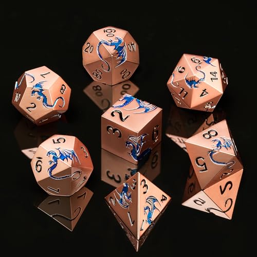 Blue Dragon Theme Metal Dice Set,HNCCESG 7PCS Solid Zinc Alloy Polyhedral Dice with Magnetic Gift Box for RPG Tabletop Game Lovers (Ancient Gold with Blue Dragon) - color: Ancient Gold Blue