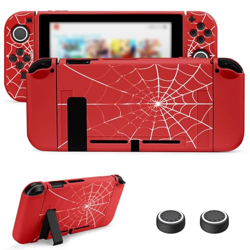 JINGDU Protective Case Compatible with Nintendo Switch 2017, TPU Case Accessory for Switch Console and Grip Joy-Con, Switch Protector with 4 Thumb Grips, Red Spider Web - color: Red, size: Switch 2017