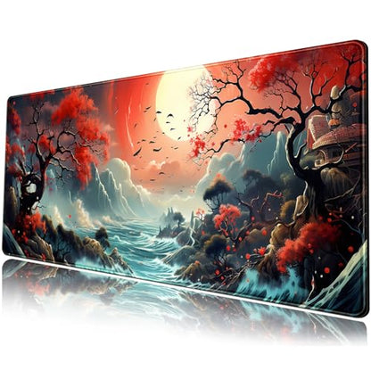 Japanese Desk Mat Extended Gaming Mousepad Japan Large Mouse Pad XL Oceanic Passage Aesthetic Desk Pad Keyboard Mat Laptop Desktop Mouse Mat 31.5''X11.8'' Deskmat with Stitched Edges - color: Oceanic Passage