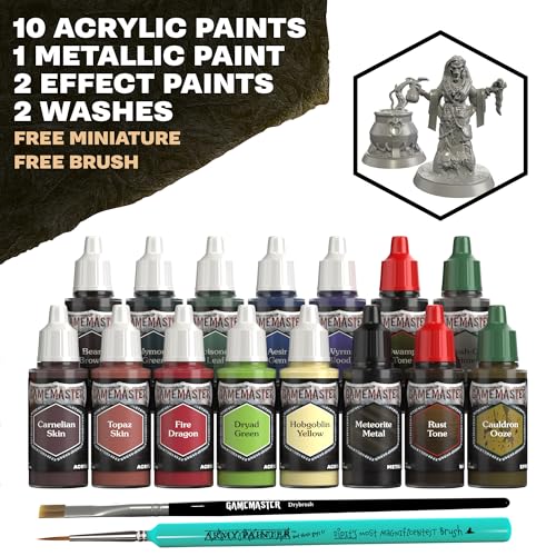 The Army Painter GameMaster: Wilderness Adventures Paint Set Combo, 15 x 18 mL Warpaints Fanatic Acrylic Paints, incl. a Brush-On Primer, 1 Miniature & 2 Brushes - for Warhammer & D&D - color: Wildernes Adventures Paint Set