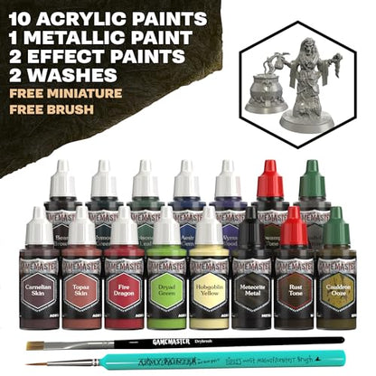 The Army Painter GameMaster: Wilderness Adventures Paint Set Combo, 15 x 18 mL Warpaints Fanatic Acrylic Paints, incl. a Brush-On Primer, 1 Miniature & 2 Brushes - for Warhammer & D&D - color: Wildernes Adventures Paint Set