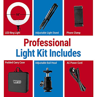Vidpro RL-18 LED 18-Inch Ring Light Kit with Stand and Case - 55W Dimmable 3200-5600K Variable Color Control Ring Light Set Compatible with Most Cameras and Smartphones Perfect for Photography Live