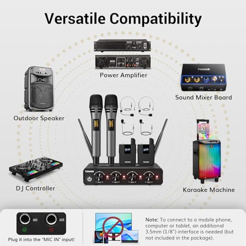 TONOR Wireless Microphone System, 4 * 10-Channel UHF Cordless Handheld Mic Set with Headset/Lavalier Lapel Mics, Bodypack Transmitter, Receiver, 60 m/200ft Range for Karaoke Singing Church PA Speaker - style: 2 Handheld 2 Bodypack Mics