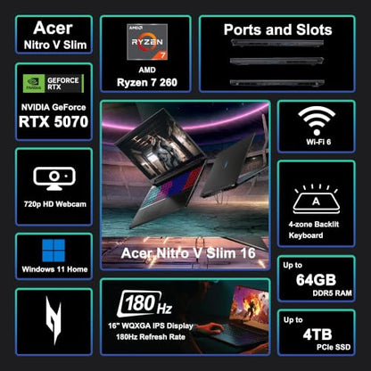 iCarp Customized Laptop Made with Acer Nitro V Slim Gaming AI Laptop 16" WQXGA 180Hz AMD 8-core Ryzen 7 260 (>i7-13700H) 16GB/32GB/64GB RAM 512GB/1TB/2TB/4TB SSD GeForce RTX 5070 798 Tops Win11 - style: Ryzen 7 260 + RTX 5070