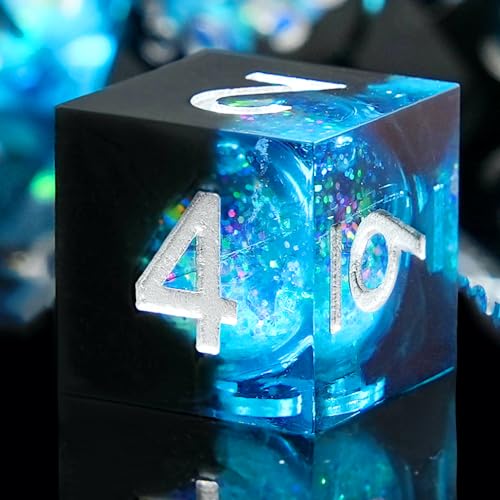 Liquid Core DND Dice Set, 7pcs Sharp Edge Dice for Role Playing Dungeons and Dragons Ttrpg with Gift Box, Handmade Resin D&D Dice RPG Role Playing Games Dice Set(Black-Blue&Quicksand) - color: Liquid-blue Dark
