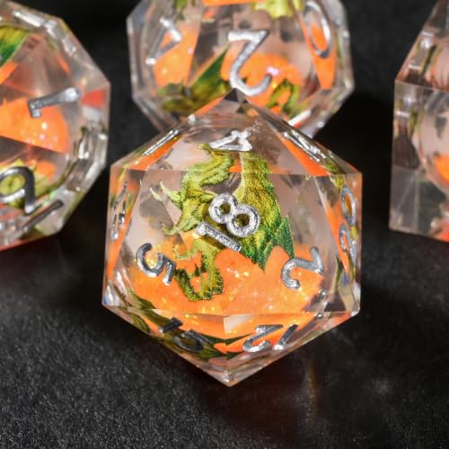 DND Dice Set Polyhedral, Translucent Liquid Core Dice, Resin Green Dragon Design for Dungeons Dragons D and D TRPG Gaming Dice(Orange Glitter) - color: Green Dragon-orange Glitter