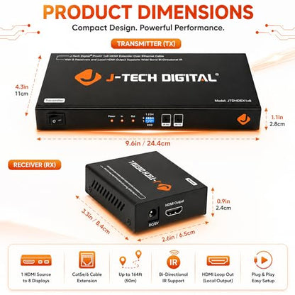 J-Tech Digital ProAV 1X8 HDMI Extender HDMI Amplifier HDMI Splitter Over Ethernet Cable with Bi-Direction IR and EDID Functions (1x8) - size: 1x8