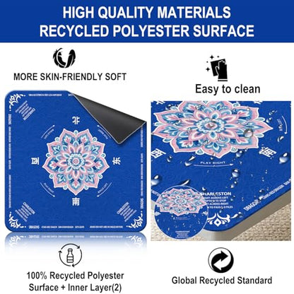 GreenD Mahjong Mat for Table 31.5"x31.5" Rubber American Mahjong Mat with Rules, Non Slip Noise Reduction Game Table Cover with Dice and Bag for Mahjong, Poker, Board, Card, Tile Games（Blue ）