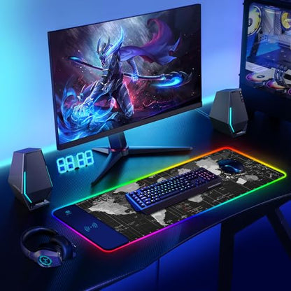 ToLuLu RGB Gaming Wireless Charging Mouse Pad, 5/7.5/10/15W LED Mouse Pad | 10 Light Modes Computer Keyboard Mat Mousepad, 800x300x4MM Extended Large Desk Mat for Gaming, MacBook, Laptop, PC, World Map - color: World Map
