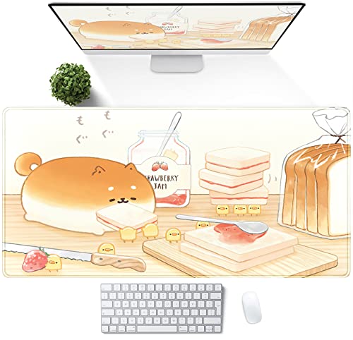 Cute Desk Mat Anime Cartoon Desk Pad Mouse Pad Kawaii Large Yellow Shiba Inu Gaming Mousepad XXL Laptop Keyboard Desktop Writing Pad Stitched Edge Desk Accessories for Girls Students 31.5''X15.7'' - color: Yellow Toast Bread