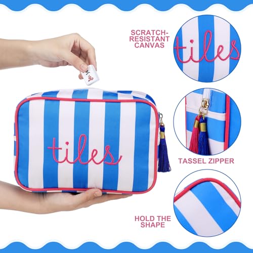 Sanwuta 1 Pcs Mahjong Tile Bag with Zipper,Dark Blue,Striped | Embroidered Mahjong Case for 166 American Mahjong Tiles (1.2") Portable Bags for Board Game Party Gathering Travel - color: Dark Blue, style: Classic