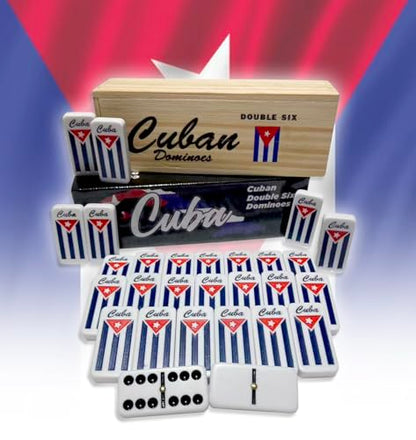 PRK 14 Cuban Double Six Dominoes Set - Classic Cubano Flag Combo Design with Wooden Box, Engraved Cuban Flag, Quality Tiles for Authentic Domino Experience
