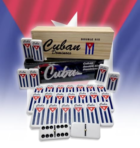 PRK 14 Cuban Double Six Dominoes Set - Classic Cubano Flag Combo Design with Wooden Box, Engraved Cuban Flag, Quality Tiles for Authentic Domino Experience