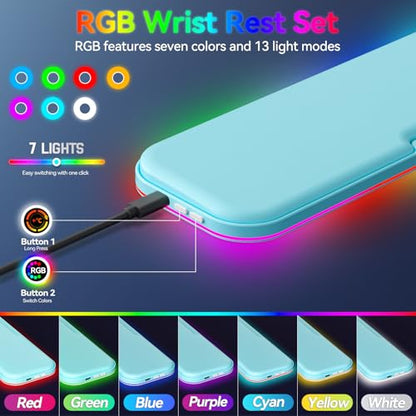 2-in-1 온열 손목 받침대 세트, RGB 조명 및 미끄럼 방지 베이스가 있는 인체 공학적 메모리 손목 패드, 컴퓨터 노트북, 사무실 작업 및 PC 게임용 키보드 마우스 손목 받침대 - color: 블루.