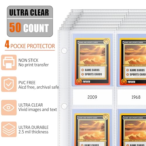4 Pocket Top Loader Sleeves, Trading Card Binder Pages, Baseball Card Storage Sleeves for 3 Ring Binder-50 Pages