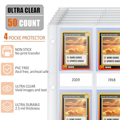 4 Pocket Top Loader Sleeves, Trading Card Binder Pages, Baseball Card Storage Sleeves for 3 Ring Binder-50 Pages