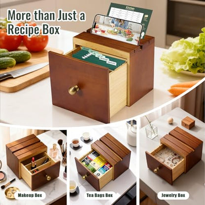 Pine Wood Recipe Box Set, Drawer Style with 100 4x6 Cards | Fits 3x5 and 4x6 cards for cooking, baking and preserving family recipes; a gift for weddings, housewarmings and holidays - color: Reddish Brown