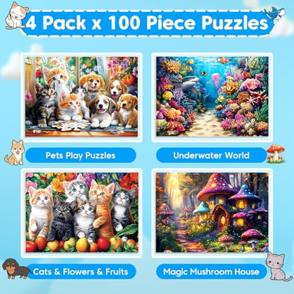 4 Packs 100 Piece Puzzles for Kids Ages 4-6 6-8 8-10, Cats Dogs Sea World Mushroom Large Piece Puzzle for Seniors 100 Pieces Adults Jigsaw Puzzle Learning Educational Xmas Toys for Boys and Girls - style: Cats Dogs Sea World