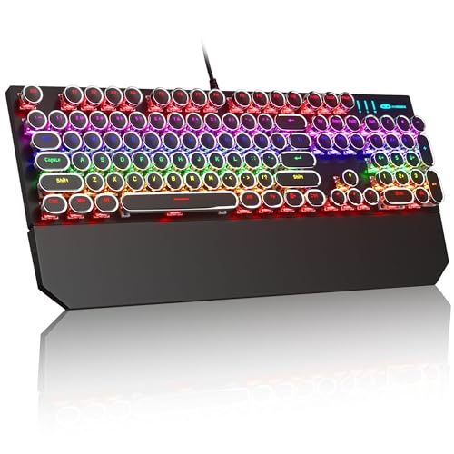 MageGee Typewriter Mechanical Gaming Keyboard, Retro Black Punk Round Keycaps RGB Rainbow Backlit Wired Keyboards for Laptop MAC PC Gamer, with Magnetic Wrist Rest - Blue Switch - color: Black
