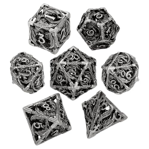 MoKo Dragon Hollow Metal DND Dice Set, Silver | 7 Pcs Polyhedral, D20 D12 D10 D8 D6 D4, For Dungeons and Dragons RPG Games, With Gift Box - color: 4 - Sliver