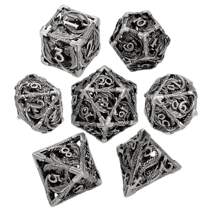 MoKo Dragon Hollow Metal DND Dice Set, Silver | 7 Pcs Polyhedral, D20 D12 D10 D8 D6 D4, For Dungeons and Dragons RPG Games, With Gift Box - color: 4 - Sliver