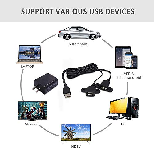 QiCheng&LYS USB 2.0 Male to Dual Female Charging Extension Cable, Furniture nightstand Sofa Electric Vehicle on-Board Charging Port, Panel Mount Cable with Screw Hole 5ft (2 pcs and Adapter) - color: 2 pcs Dual Female with Adapter