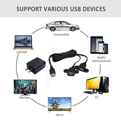 QiCheng&LYS USB 2.0 Male to Dual Female Charging Extension Cable, Furniture nightstand Sofa Electric Vehicle on-Board Charging Port, Panel Mount Cable with Screw Hole 5ft (2 pcs and Adapter) - color: 2 pcs Dual Female with Adapter