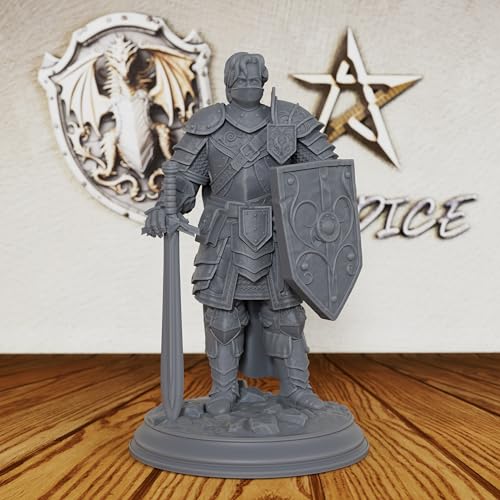AUSPDICE Master Fighter 28mm, Unpainted Human Fantasy RPG Miniature AS227 | DND Miniature for Dungeon Masters: Armored Swordsman with Longsword and Ornate Shield for TTRPG Battles and Castle Defense