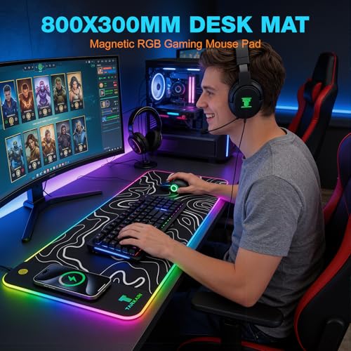 TARKARI Magnetic Wireless Charging RGB Mouse Pad, Large Gaming Desk Mat Waterproof, 31.5"x11.8" Black Mousepad, Ultra-Smooth Surface, Non-Slip Rubber Base, Desk Pad for Keyboard Laptop - color: Topographic Pattern