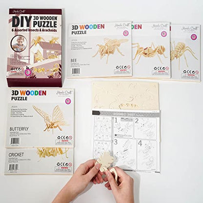 Hands Craft DIY 3D Wooden Puzzle – 6 Assorted Insects & Arachnids Bundle Pack Brain Teaser Puzzles Educational STEM Toy Adults and Kids to Build Safe and Non-Toxic Easy Punch Out Premium Wood JP2B9 - color: Insects & Arachnids