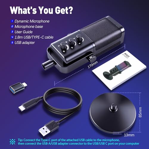 VCOM USB Microphone for PC, RGB Gaming Microphone with Mute Button, Gain Control, Monitoring Headphone 3.5mm Jack, PC Mic for Gaming, Streaming, Podcast, VoiceOver, Recording