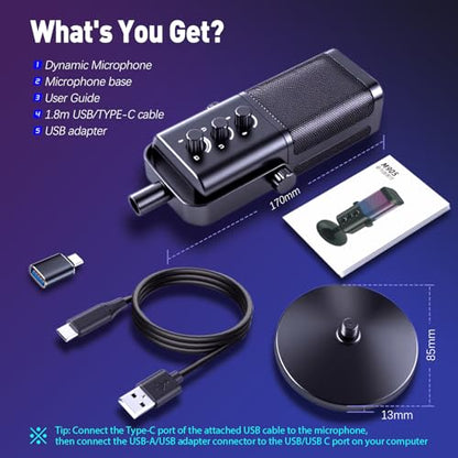 VCOM USB Microphone for PC, RGB Gaming Microphone with Mute Button, Gain Control, Monitoring Headphone 3.5mm Jack, PC Mic for Gaming, Streaming, Podcast, VoiceOver, Recording