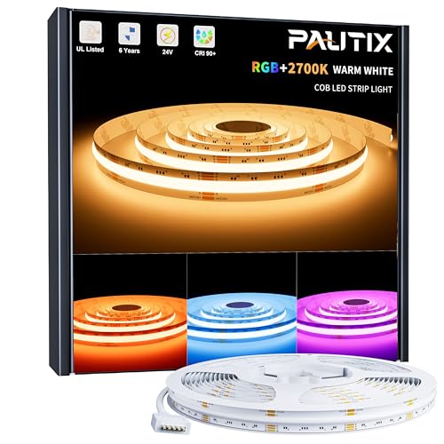 PAUTIX COB LED Strip Lights,RGBW LED Lights RGB+2700K Warm White UL Listed Dotless 24V Color Changing LED Tape Light for Ceiling,Cabinets,Bedroom,Party Lighting(Power Supply & Controller Not Included) - color: RGB+2700K, size: 20 ft