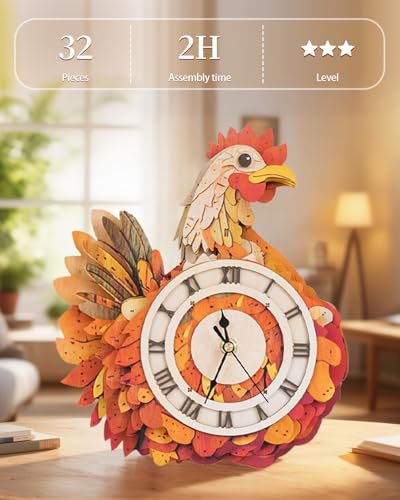 3D Wooden Puzzles for Adults, Hen Wall Clock DIY Set (with Pendulum), Beginner 29 Pcs Wooden Puzzles, Creative Gift Ideas for Adults Teens - color: Hen