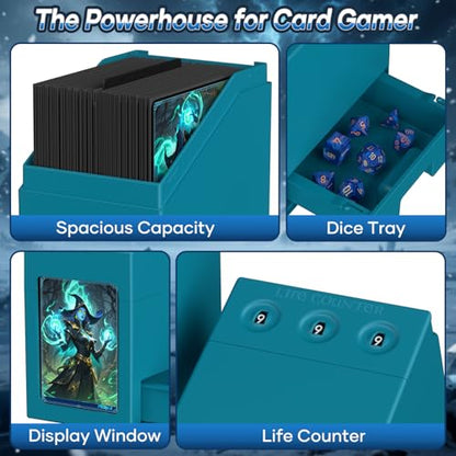Proijeut Mtg Deck Box with Life Counter, Commander Deck Box Fits 100 Double-Sleeved Cards, Magic Card Storage Box with Commander Display & Dice Tray, Fit for MTG, TCG, CCG (Teal) - color: Teal
