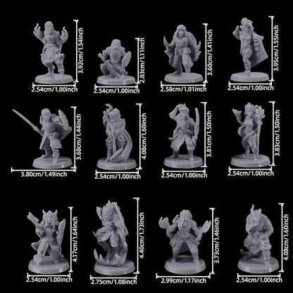 12 Pcs Unpainted Fantasy RPG Miniatures Set, 28mm Scale Resin Miniature for Wargaming and Board Games, 1-Inch Base, 12 Different Classes