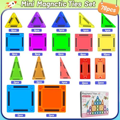 Mini Magnetic Tiles,78PCS Travel Magnetic Tiles Set with Iron Box,Portable Building Blocks for Kids Ages 3+,Car Airplane Travel Essentials Kids Toy,Creative STEM Toys Birthday Gift for Boys & Girls - style: Mini Magnetic Tiles