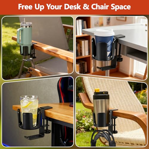 Desk Cup Holder Clamp with Headset Hook, Anti-Spill Water Bottle Stand Clip On Table Edge or Chair Armrests, Office Accessories for Coffee Drink Mug Bottles - size: 3.3 Inch, with Hook