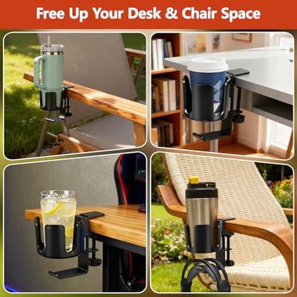 Desk Cup Holder Clamp with Headset Hook, Anti-Spill Water Bottle Stand Clip On Table Edge or Chair Armrests, Office Accessories for Coffee Drink Mug Bottles - size: 3.3 Inch, with Hook