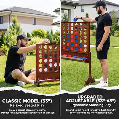 Height Adjustable Giant Wooden 4 in A Row Game | Adjust Heights (2.75-3.75 FT), Foldable Tray, Wall Mounted or Set-up on Ground, Carrying Case - style: Premium (Adjustable 33"-45")