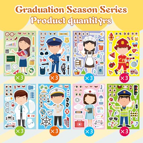 24 Sheets Make a Face Sticker, Educational Stickers for Kids, Make Your Own Occupation Post Stickers with 8 Designs of Firefighter Doctor Policeman Teacher Sticker, Birthday Gift Craft Party Favor - style: Educational Stickers