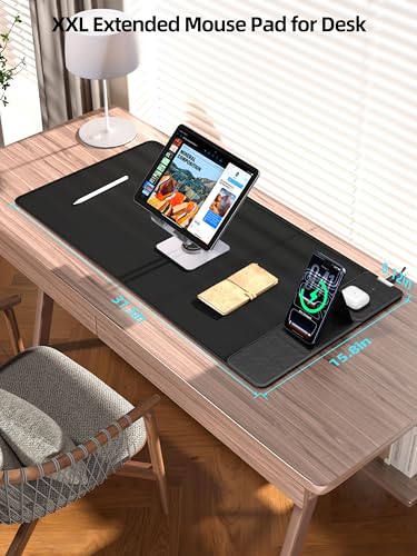 Mouse Pad with Magnetic Wireless Charger & Adjustable Phone Stand | 31.5"x15.8" Full Desk Coverage Mousepad, Waterproof Ultra-Smooth Desk Mat, Non-Slip Base, Black - color: Black-Magnetic Stand-31.5"x15.8"-Right