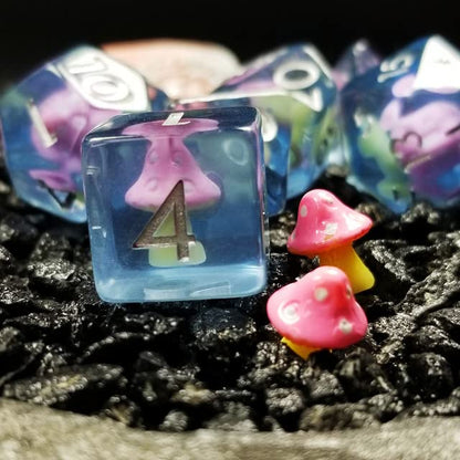 Sage's Portal Familiars and Reagents Resin DND Dice Set Polyhedral Dice Set for Dungeons and Dragons RPG Tabletop TTRPG (Pink Magic Shrooms) - color: Pink Magic Shrooms