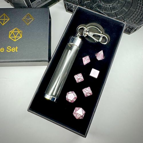 MYZOFEEL 7 pcs Mini Metal Dice Set for DND RPG Games with Keychain Case Portable Role Playing Dice Perfect Accessories - Polyhedral Dice, Dungeons and Dragon Game Dice Set D&D Gifts with Box (Pink) - color: (Pink)
