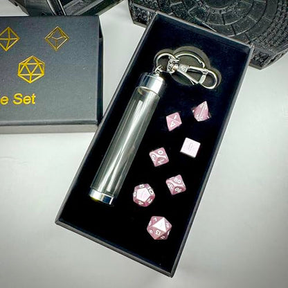 MYZOFEEL 7 pcs Mini Metal Dice Set for DND RPG Games with Keychain Case Portable Role Playing Dice Perfect Accessories - Polyhedral Dice, Dungeons and Dragon Game Dice Set D&D Gifts with Box (Pink) - color: (Pink)