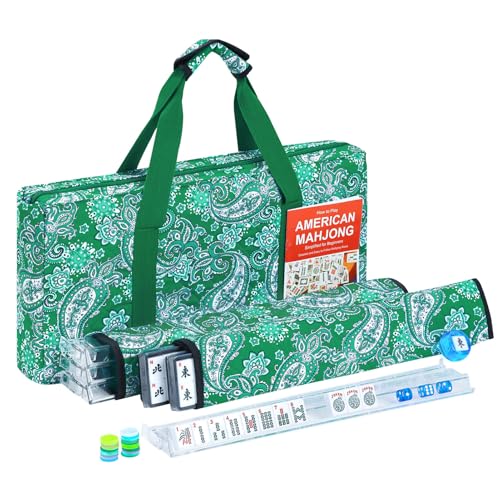 American Mahjong Tile Set, 166 White Tiles Mahjong Set, 4 Transparent All-in-One Rack/Pushers, Travel Game Set with Green Printed Carrying Bag - color: Green