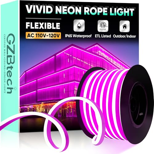 GZBtech Flexible LED Neon Rope Lights 50FT,AC 110-120V Waterproof Strip Light, 120 LEDs/M Cuttable Connectable Neon Lighting for Indoor Outdoor Home Decor/Commercial Building Use-Pink 15M, ETL Listed - color: Pink, size: 50FT